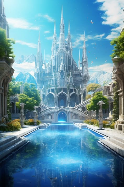 Fantasy Ocean Kingdom, Water Kingdom Fantasy Art, Fantasy Water Kingdom, Palace Concept Art, Water Kingdom, Kingdom Fanart, Water Castle, Water Fountain Design, Anime Kingdom