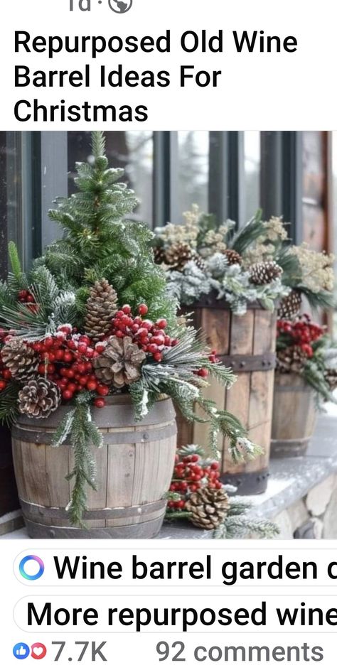 Winter Whiskey Barrel Planter, Christmas Bucket Decoration Ideas, Christmas Whiskey Barrel Decorations, Christmas Wash Tub Ideas, Wine Barrel Christmas Decor, Whiskey Barrel Christmas Decor, Wash Tub Christmas Decor, Half Barrel Planter Ideas, Barrel Christmas Decor