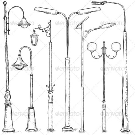 Vector Set of Sketch Street Lights Furniture Sketch, Architecture Drawing Sketchbooks, Street Lighting, Object Drawing, Architecture Drawing Art, Street Lights, 수채화 그림, Urban Sketching, Architecture Sketch