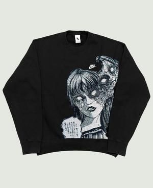 VENDETTA ARCHIVE Reworked Crewneck, Tapestry Sweater, Black Nike Sweatshirt, Nike Reworked, Reworked Sweatshirts, Nike Retro, Custom Hoodie, Woven Tapestry, Junji Ito