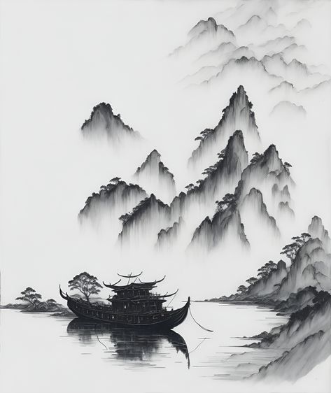 Japanese Ink Landscape, Painting Environment, Chinese Mountain Drawing, Ironic Art, Mountains And River, Traditional Chinese Art Landscape, Chinese Ink Landscape Painting, Chinese Mountains Painting, Chinese Ink Painting