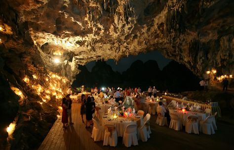 Gala Dinner in Cave, Vietnam this is breathtaking. Cave Wedding, Vietnam Tours, Unconventional Wedding, Halong Bay, Gala Dinner, Adventure Wedding, Casual Wedding, Wedding Locations, Wedding Trends