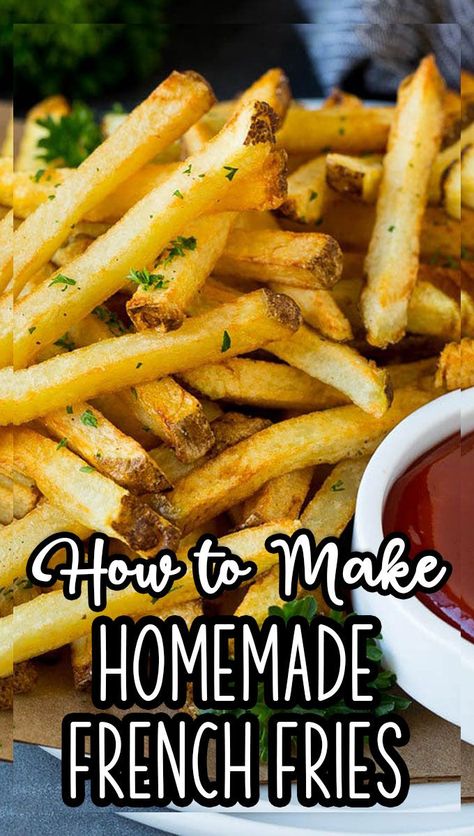 These homemade french fries are potatoes that are cut into sticks and deep fried until golden brown, then sprinkled with seasonings. Homemade Fried French Fries, Diy French Fries, Wedges Potato, Potatoes Fries, Perfect French Fries, Best French Fries, Making French Fries, Homemade Fries, French Fried Potatoes