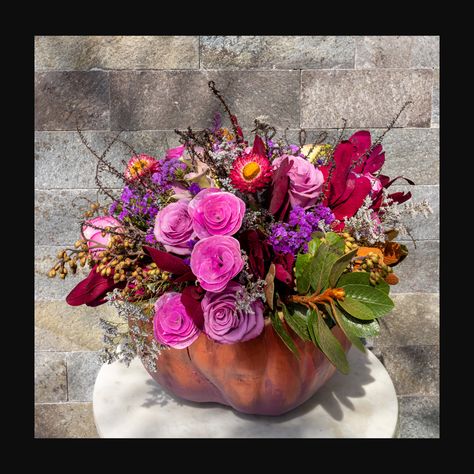 Our "Fall Fiesta Centerpiece" is a vibrant and nontraditional masterpiece, designed to infuse your gift giving with a burst of vivid colors and excitement. This eye-catching centerpiece defies the typical autumn palette, opting for an exuberant display of blooms with touches of electric orange, hot pink, and brilliant burgundy and purples. It captures the spirit of a festive fiesta with its lively combination of seasonal flowers, we create a striking contrast to the traditional fall decor. Our f Thanksgiving Flower Arrangements, Traditional Fall Decor, Pot Heads, Electric Orange, Thanksgiving Flowers, Pumpkin Vase, Autumn Palette, Fall Flower Arrangements, Flower Centerpiece