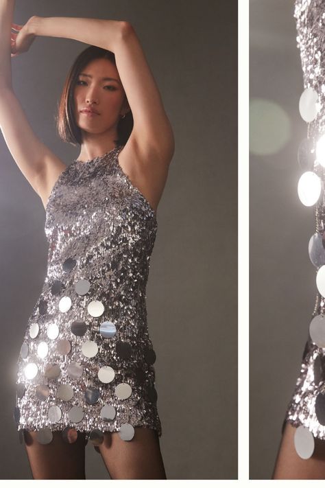 Big Sequins Dress, Silver Sequin Halter Dress, Rimzim Dadu, 60s Disco, Swarovski Dress, Big 30, Editorial Styling, Sequin Halter Dress, Sweet Charity