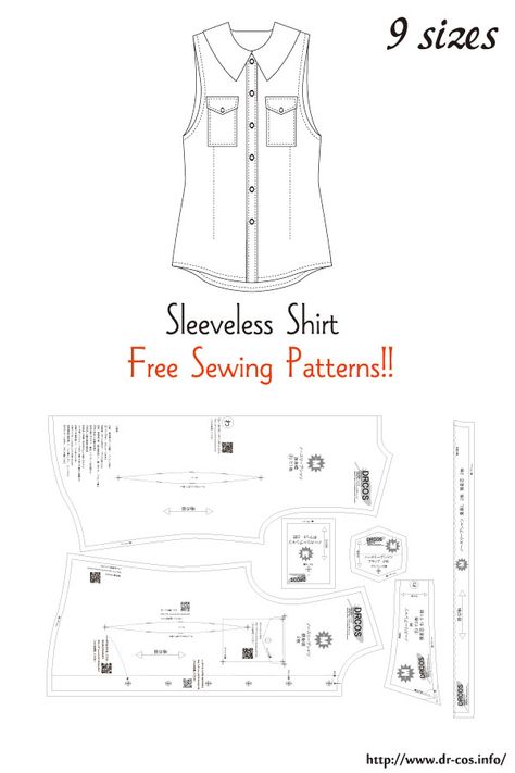 This is the pattern of a Sleeveless Shirt. cm size(A4 size) Children's-100,120,140/Ladies'-S,M,L,LL/Men's-L,LL Fitted Shirt Pattern, Ladies Shirt Pattern, Sleeveless Shirt Pattern, Japanese Sewing Patterns, Wrap Dress Pattern, Shirt Sewing, Shirt Dress Pattern, Sewing Blouses, Free Pdf Sewing Patterns