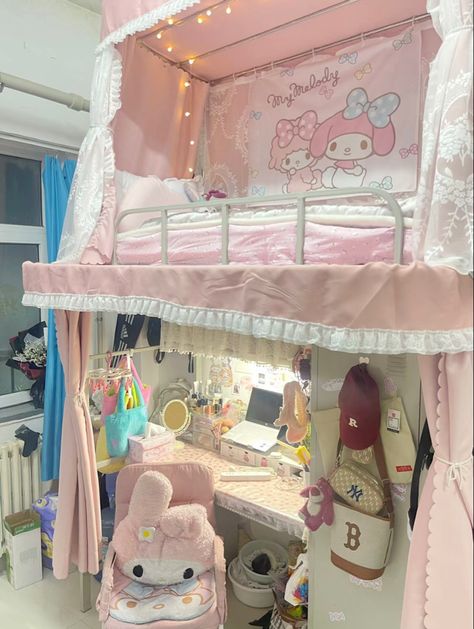 Sanrio aesthetic/ kawaii Sanrio Aesthetic Bedroom, Kawaii Loft Bed, Sanrio Themed Room, Sanrio Aesthetic Room, Sanrio Room Aesthetic, Sanrio Bed, Loft Bed Aesthetic Room, Sanrio Furniture, Kawaii Daybed