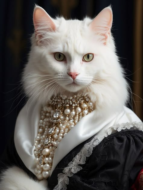 Medieval Dress Royal, Royal Cats Aesthetic, Persian Cat Dressed Up, Cat Wearing Necklace, Cat Royalty Portrait, Regal Cat Painting, Cats Art Drawing, Fancy Cats, Cute Fantasy Creatures