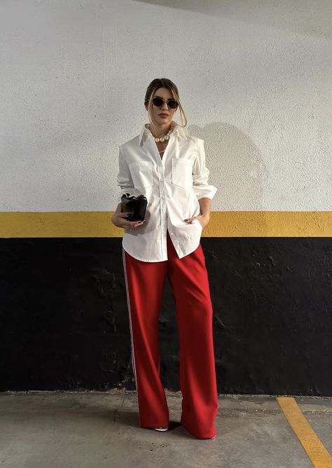 How To Style Red Trousers Women, Red Slacks Outfit Women, Creative Elegant Outfit, Red Silk Pants Outfit, Holiday 2024 Fashion Trends, Red Satin Pants Outfit, Red Trouser Outfit Women, Red Pant Outfit, Red Joggers Outfit For Women