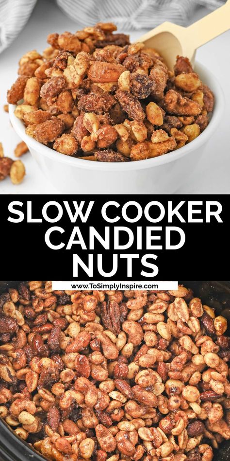 crockpot candied nuts slow cooked in a cinnamon sugar mixture and in a white bowl. Slow Cooker Candied Almonds, Cinnamon Nuts Recipe Crock Pot, Candies Nuts Recipe, Nuts Snacks Ideas, Crock Pot Pecans Candied, Candied Mixed Nuts Easy Recipes, German Roasted Nuts Recipes, Sugar Nuts Candied, Candied Nuts Recipe Easy Crockpot