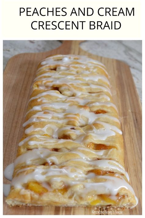 PEACHES AND CREAM CRESCENT BRAID - GRANDMA HONEY'S HOUSE Breakfast Braid Crescent Roll, Crescent Sheet Recipes Desserts, Crescent Sheet Recipes, Peach Crescent Rolls, Crescent Dough Recipes, Crescent Braid, Butter Braids, Crescent Roll Recipes Dessert, Apricot Dessert