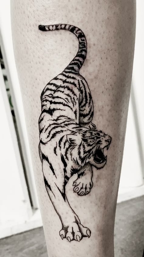 Black Fineline tiger tattoo on shin. Tiger Line Tattoo, Shin Tattoo, Tiger Tattoo Design, Small Arm Tattoos, Line Tattoo, Old Tattoos, Back Tattoo Women, Tattoo Art Drawings, Line Work