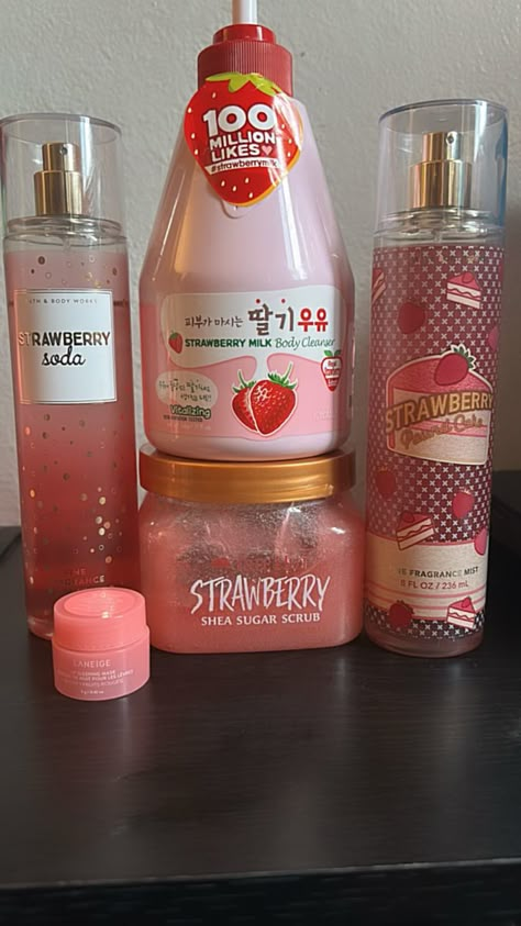 Strawberry Body Cleanser, How To Smell Like Strawberry Milk, How To Smell Like Strawberry Pound Cake, Strawberry Hygiene Products, Smell Good Strawberry, Strawberry Sent, Strawberry Milk Perfume, Strawberry Body Care, Strawberry Scented Products