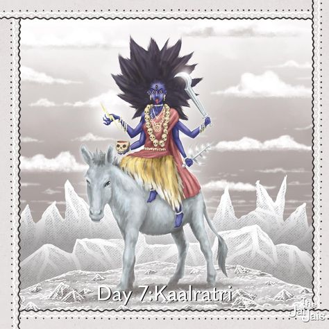 The Jai Jais - DAY SEVEN: MAA KALARATRI Maa Kalaratri is... Indian Illustration, Devi Durga, Kali Goddess, Goddess Art, Worship, Art