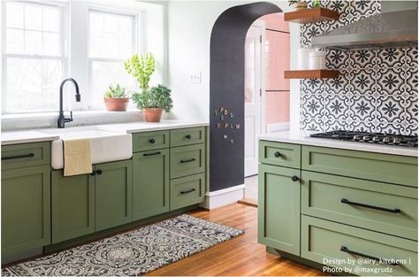 Kitchen with patterned tile backsplash and green cabinets. Design by Airy Kitchens. Photo by Max Grudz. Patterned Tile Backsplash, Arabesque Tile, Green Kitchen Cabinets, Pink Tiles, The Tile Shop, Green Cabinets, Kitchen Trends, Green Kitchen, Cement Tile