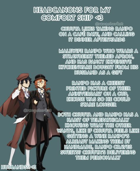 Bungou stray dogs
Chuuran Chuuya X Ranpo Fanart, Ranpo Headcanons, Ranpo And Chuuya, Ranpo X Chuuya, Chuuya Headcanon, Bsd Rarepairs, Bsd Headcanons, Bsd Funny, Bsd Ships