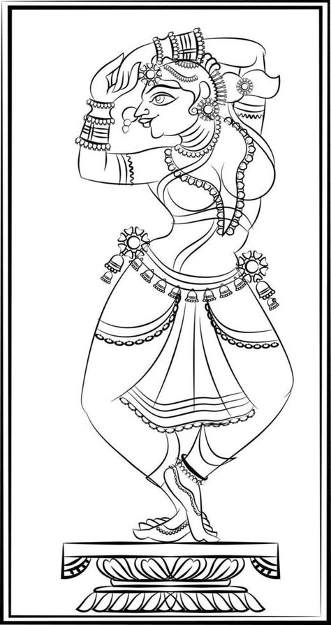 Lord's Gopika, Sevika, or lady servants have drawn in Indian folk art, Kalamkari style. for textile printing, logo, wallpaper Fancy Lady Drawing, Kalamkari Sketches, Indian Art Style, Kalamkari Art Paintings, Indian Lady Drawing, Indian Folk Art Drawing, Indian Line Art, Kalamkari Drawing, Tracing Drawings