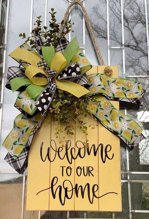 Welcome to Our Home, Large Wooden Door Sign, Door Hanger, Farmhouse, Door Decor, Wood Sign, Wooden Wreath Yellow & Black With Lemons - Etsy Large Wooden Door, Neat Crafts, Wooden Door Sign, Wooden Wreath, Everyday Wreaths, Door Hangings, Farmhouse Door, Door Signs Diy, Farmhouse Crafts