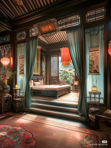 Crazy Rich Asians House Interior, Chinese Architecture Interior, Chinese Bedroom Aesthetic, Asian Room Aesthetic, Chinese Bedroom Ideas, Traditional Chinese Room, Ancient Chinese Room, Chinese Palace Interior, Chinese Style House