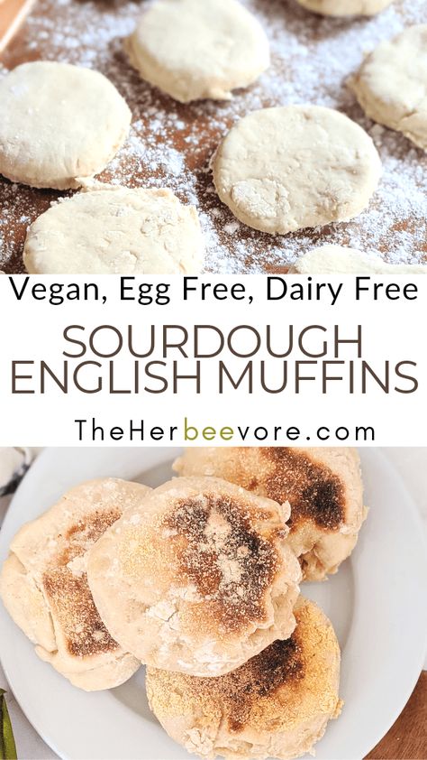 Vegan English Muffins, Egg Free Muffins, Sourdough English Muffin Recipe, English Muffins Recipe, Sourdough Breakfast, Gluten Free English Muffins, Sourdough Muffins, Vegan Breads, Sourdough English Muffins