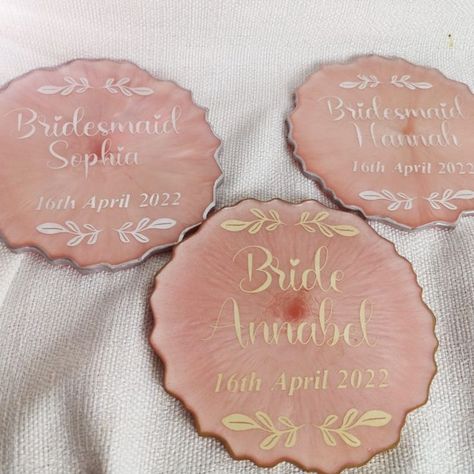 Personalised resin coasters for your Wedding Party/Bridal Party Wedding Resin Ideas, Personalized Resin Coasters, Resin Coasters With Names, Diy Wedding Coasters, Resin Coasters Wedding Gift, Resin Wedding Favors, Resin Coaster Wedding Favour, Resin Coaster Gold, Resin Wedding