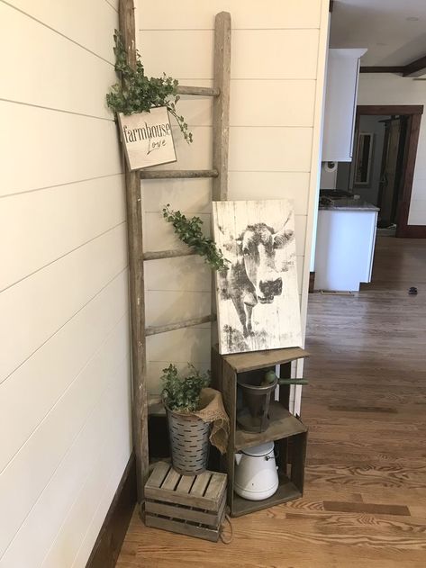 #rustichomedecor #farmhouseideas #modernfarmhouse Blanket Ladder Dining Room, Blanket Ladder Corner Decor, Wooden Ladder Decor Living Room, Western Ladder Decor, Indoor Ladder Decor Ideas, Corner Plant Ideas Living Rooms, Decorating With A Ladder, Farmhouse Corner Decor, Living Room Ladder Decor