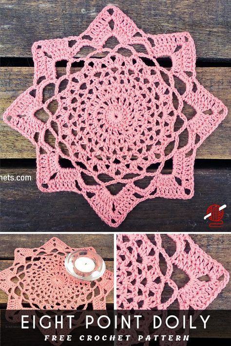 Eight Point Crochet Doily [FREE]  pattern. This such a great idea with a written free pattern, with a flower motif. Crochet Doily Free Pattern, Crochet Placemat Patterns, Free Crochet Doily Patterns, Crochet Dollies, Cozy Crochet, Crochet Doily Patterns, Crochet Mandala, Crochet Doily, Flower Motif