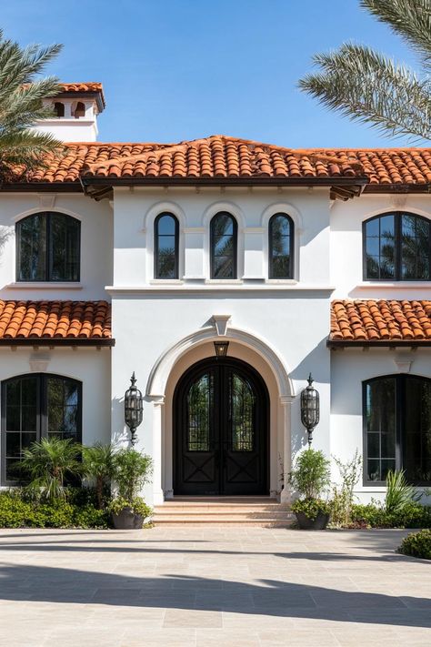 40 Captivating Mediterranean Revival Architecture Houses Metal Roof Spanish House, Mediterranean Facade Exterior Design, Red Tile Roof Exterior Paint Colors, Modern Mediterranean Facade, Terracotta House Exterior, Spanish Revival Home Exterior, Spanish Elevation, Mediterranean Villa Exterior, Spanish Mediterranean Homes Exterior