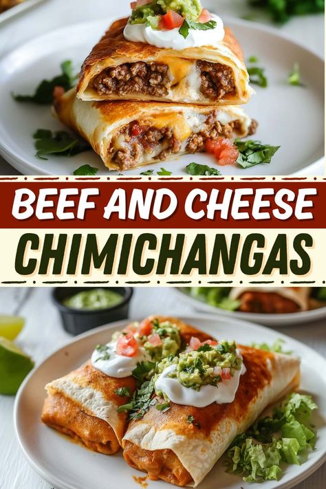 With a crispy golden shell and a savory filling of beef, beans, and melted cheese, these beef and cheese chimichangas are a Tex-Mex dream in every bite! Good Beef Recipes, Steak And Cheese Burrito, Recipes With Soft Shell Tortillas, Beef And Bean Chimichanga, Baked Beef Chimichangas, Lunch For 1, Chimichanga Casserole, Chimichanga Recipe Beef, On The Go Dinner Ideas