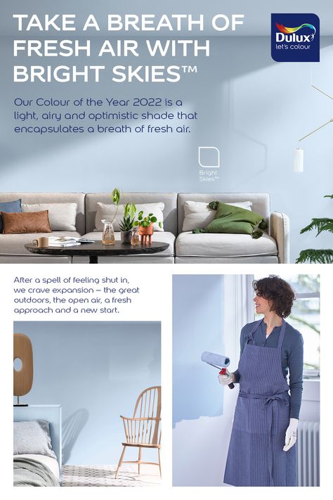 Dulux Bright Skies Bedroom, Bright Skies Dulux Paint, Dulux Bright Skies, Dulux Blue, Colour Of The Year 2022, Dulux Paint, House Paint Interior, Flexible Space, Paint Matching