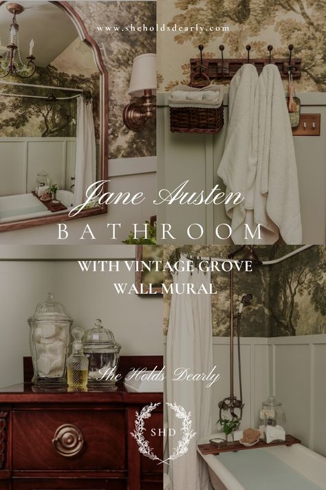 Jane Austen Inspired Vintage Grove Bathroom Mural - She Holds Dearly Vintage Bathroom Ideas Farmhouse, Bathroom Wall Mural Ideas, Light Academia Bathroom, French Bathroom Decor Vintage, Country French Bathroom, Vintage Bathroom Decor Ideas, French Country Bathroom Ideas, Vintage Bathroom Wallpaper, English Cottage Bathroom