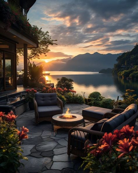 Waterfront Patio with Lush Mountain View Beautiful Evening, Fire Pit, Lake, Patio, Patios