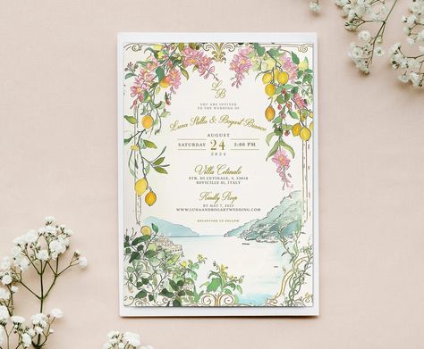 Italian Amalfi Coast Wedding Invitation Design, Custom Italy Beach Wedding Invite, Lemon Italian Wedding Invitation, Positano Wedding Invite - Etsy Mediterranean Wedding Invitations, Beach Wedding Invite, Italian Wedding Invitations, Positano Wedding, Italy Beach, Sicily Wedding, Wedding Ambiance, Wreath Wedding Invitations, Amalfi Coast Wedding