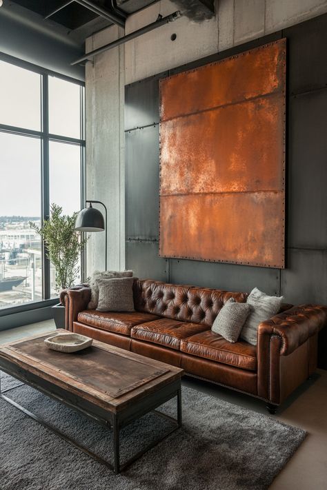 Enhance your living room decor with this stunning industrial setup. The rich leather sofa, rustic coffee table, and striking metal panel add a touch of elegance. Perfect for modern spaces 🏙️ #LivingRoomDecor #IndustrialDesign #HomeDecor Small Cabin Exterior Ideas, Small Cabin Interior Ideas, Cabin Interior Ideas, Chic Cabin, Small Cabin Interiors, Mountain Cabin Decor, Industrial Living Room, Cabin Designs, Cabin Tiny House