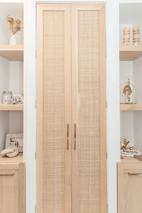 Lattice Closet Doors, Closet Doors Minimalist, Doors To Walk In Closet, Unique Closet Doors Wood, Rattan Closet Doors Modern, Bifold Cane Doors, Cane Doors Closet, Narrow French Doors Closet, Pantry Closet With Sliding Doors