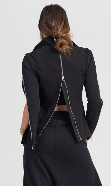 Open Back Jacket, Edgy Outerwear With Asymmetrical Metal Zipper, Asymmetrical Zip Leather Outerwear With Zip Cuffs, Black Punk Outerwear With Asymmetrical Zip, Functional Outerwear With Ykk Zipper, Punk-style Fitted Outerwear With Asymmetrical Zip, Zippers Fashion, Simple Tank Tops, Crop Blazer