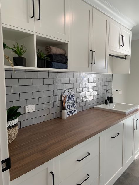 Subway Tile Splashback Kitchen, Grey Splashback Tiles, Grey Subway Tiles Kitchen, Kitchen Splashback Tiles Grey, Kitchen Bench Top Ideas, Grey Tile Splashback Kitchen, Timber Top Kitchen, White Kitchen Timber Benchtop, Timber Bench Top Kitchen