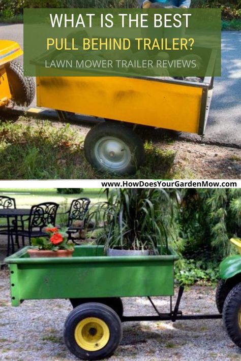 Not all pull-behind wagons are created equal. Check out our trailer reviews so you get the best one for your specific needs. #trailers #mowertrailers #wagons #mowerwagons #ATV #ridingmower #gardening #lawn #gardencare #lawncare Diy Lawn Mower Trailer, Lawn Tractor Trailer, Lawn Trailer, Lawn Mower Trailer, Pull Behind Trailer, Pull Behind Mower, Ride On Mower Attachments, Tilt Trailer, Dump Cart