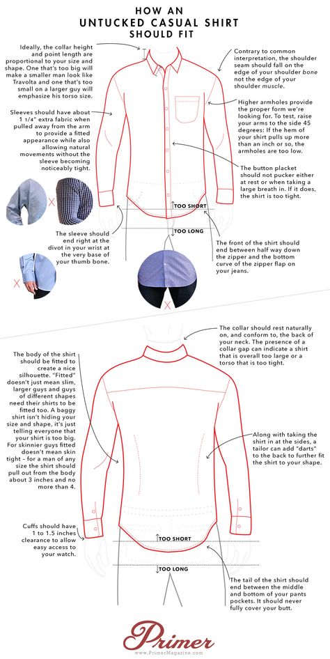 How an Untucked Casual Shirt Should Fit – A Visual Guide | Primer Gentlemen Guide, Bald Style, Shirt Reference, Shirt Alterations, Guys Style, Fashion Infographic, Baggy Shirts, Guy Style, Fashion Dictionary