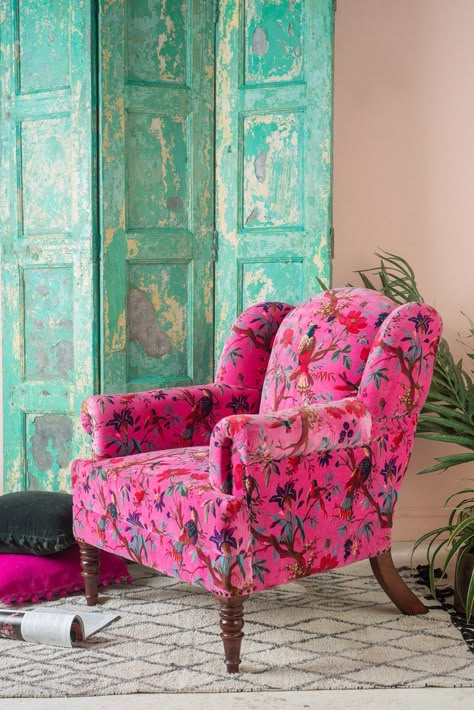 Fuchsia Tree of Life Velvet Armchair                      – Ian Snow Ltd Ian Snow, Floral Chair, Free Furniture, Funky Furniture, Velvet Armchair, Bird Of Paradise, Living Design, Cool Furniture, Sofa Design