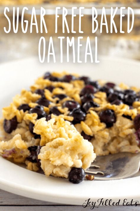 Sugar Free Baked Oatmeal is a delicious and easy dish that invites you to dig in. Comforting oats with fresh blueberries gives you the ultimate satisfying flavor. Make it year-round for a simple breakfast or brunch that everyone will rave about. Oatmeal For Diabetics, Low Sugar Baking, Trim Healthy Mama Breakfast, Low Sugar Breakfast, Low Carb Oatmeal, Sugar Free Oatmeal, Blueberry Oatmeal Bake, Thm E, Low Cholesterol Recipes