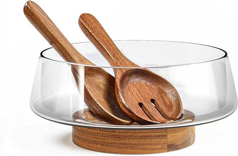 Amazon.com | KITEISCAT Extra Large Glass Salad Bowl Set - Salad Bowls for Party with Acacia Wood Base and Salad Serving Utensils - Elegant and Practical Kitchen Must-Have: Salad Serving Sets Salad Serving Set, Practical Kitchen, Glass Fruit Bowl, Salad Bowls Set, Styling A Buffet, Glass Serving Bowls, Large Salad Bowl, Serving Utensils, Salad Bowl