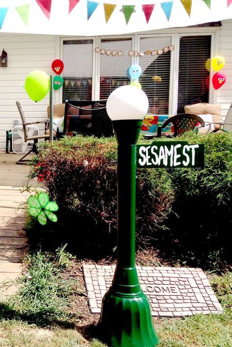 Sesame Street Birthday Party Ideas | Photo 1 of 52 | Catch My Party Sesame Street Halloween Party, Diy Birthday Sign, Sesame Street Decorations, Street Lamp Post, Sesame Street Signs, Cookie Monster Birthday, Diy Photo Backdrop, Kids Themed Birthday Parties, Sesame Street Birthday Party