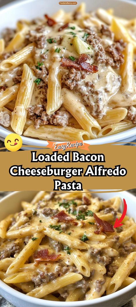 Indulge in the ultimate comfort dish with Loaded Bacon Cheeseburger Alfredo Pasta. This hearty meal mixes the savory flavors of a bacon cheeseburger with the creamy richness of Alfredo pasta, creating a decadent fusion that's sure to satisfy. #CheeseburgerPasta #ComfortFood #PastaDish Pasta Dishes With Spaghetti Noodles, Loaded Bacon Cheeseburger Alfredo, Bacon Cheeseburger Alfredo Pasta, Pasta With Hamburger Recipes, Cheeseburger Alfredo Pasta, Easy Thursday Night Dinner, Cheap Easy Recipes Dinner, Bacon Cheeseburger Mac And Cheese, Homemade Hamburger Helper Recipes