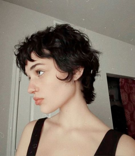 hairstyle Layered Blowout, Pixie Cut Wavy Hair, Wavy Pixie Haircut, Butterfly Haircuts, Sheridan Animation, Queer Hair, Short Wavy Pixie, Short Wavy Haircuts, Butterfly Haircut