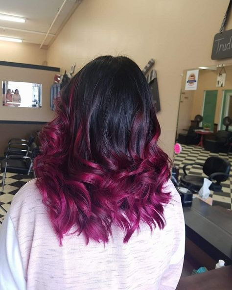 Black to pink ombre Pink Ombre On Black Hair, Black To Pink Ombre Hair, Pink Ombre Hair With Bangs, Black To Hot Pink Ombre Hair, Red Into Pink Ombre Hair, Dark Purple To Pink Ombre Hair, Hollywood Curls, Pink Ombre Hair, Frizzy Hair