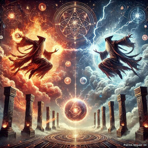 ⚡🔥 An epic battle between fire and lightning sorcerers unfolds in a mystical temple, with cosmic energies and ancient symbols lighting up the sky. 🌌⚔️ #sorcerer #magic #elemental #battle #fantasy #epic #fire #lightning #supernatural #cosmic #temple #ancient #energy #art #duel Fire And Lightning, Radiant Energy, Epic Battle, Cosmic Art, Energy Art, Cosmic Energy, Ancient Symbols, The Sky, Supernatural