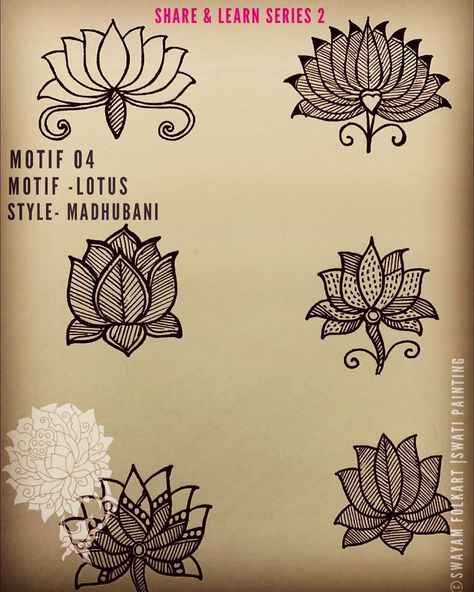 Swati Palekar on Instagram: “Hello there!  Today I am sharing with you all one of the most popular flower motif in Madhubani Paintings- Lotus.  I have shown here how…” Madhubani Motifs Design, Madhubani Bookmarks, Pantone Illuminating, Madhubani Motifs, Dupatta Painting, Travel Doodles, Composition Drawing, Saree Painting Designs, Lotus Flower Art