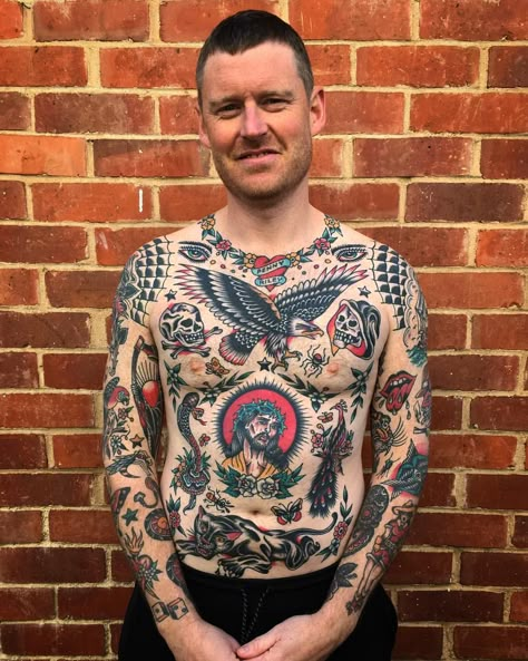 Old School Tattoo Chest Men, American Traditional Back Of Neck Tattoo, Dan Higgs Tattoo Flash, American Traditional Tattoo Back Piece, Tattoo Ideas For Men Traditional, Traditional Torso Tattoos, Traditional Stomach Tattoo Men, Traditional Shoulder Tattoo Men, Traditional Collar Tattoo