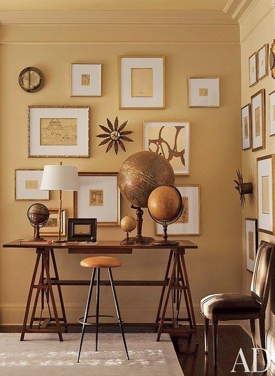 Monochromatic Interior, Monochromatic Room, Suzanne Kasler, Traditional Office, Drafting Table, Interior Vintage, Globe Decor, Atlanta Homes, Decoration Inspiration